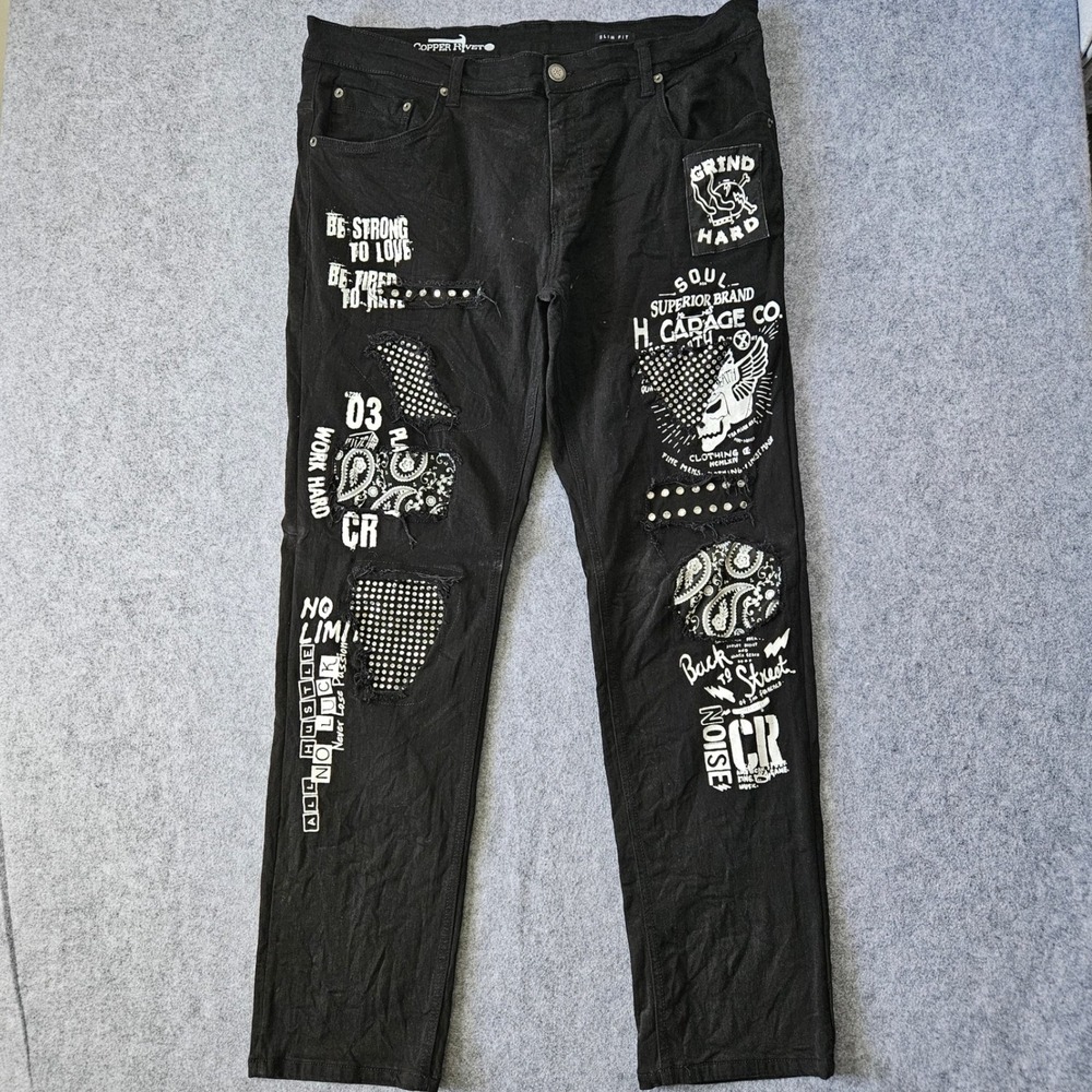 Copper Rivet Mens Slim Fit Black Graphic Patchwork Distressed Jeans 40x32 Punk